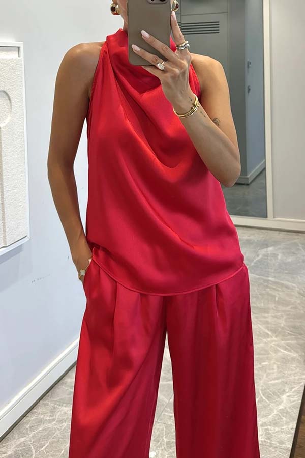 Classic on You Satin High Cowl Neck Top and Elastic Waist Pocket Loose Pants Set