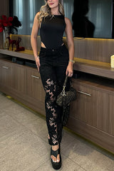 Fashionable Openwork Lace Patchwork Wide-leg Jeans