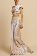 Anaya Satin Asymmetrical Off Shoulder Cropped Top and Lace Trim High Rise Maxi Skirt Set