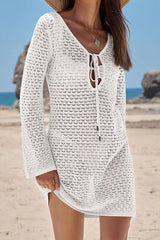 Solid Color Knit Hollow V-Neck Tie Long Sleeve Cover Up Mini Dress